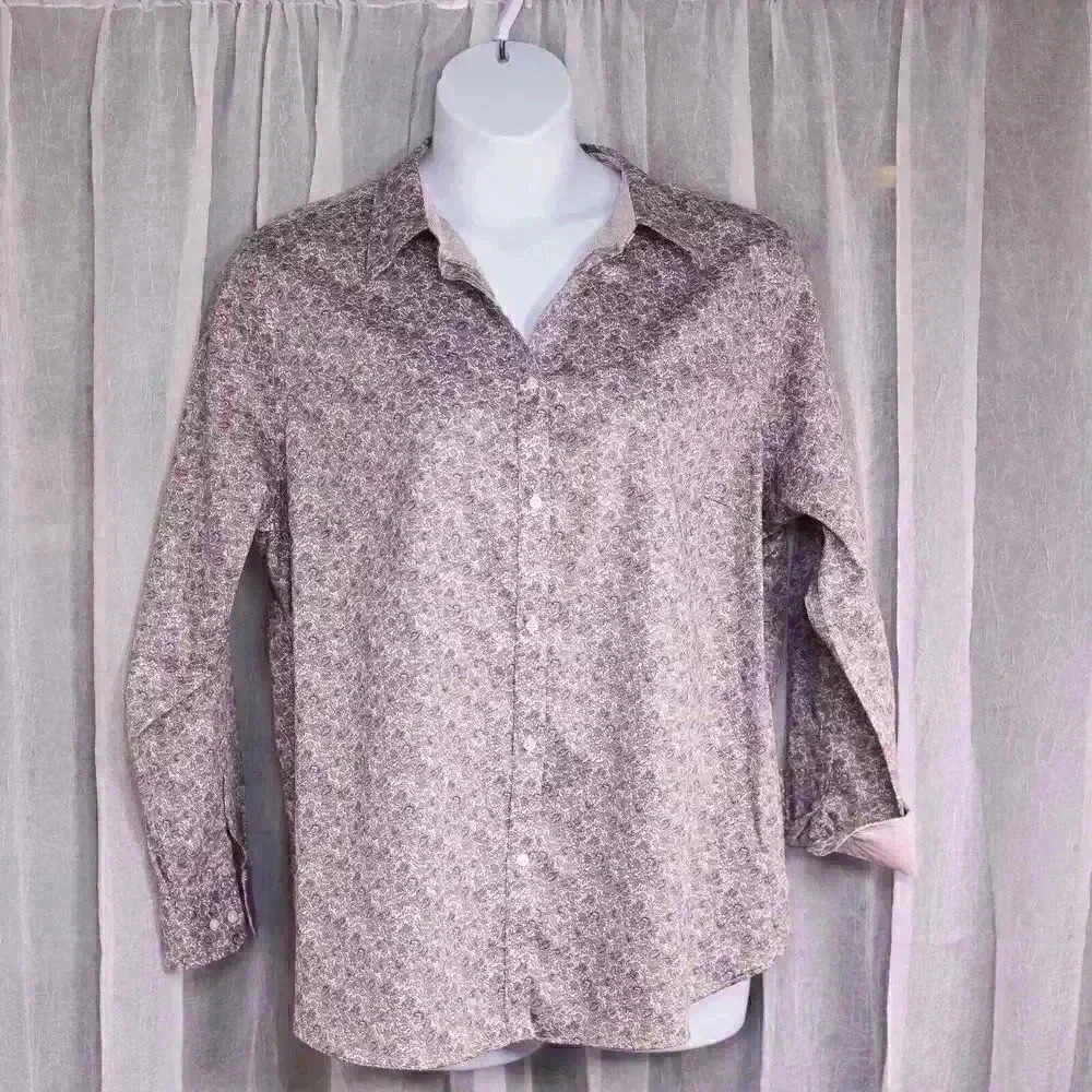 Women's Chaps 100% Cotton No Iron 1X purple floral contrasting cuffs button down